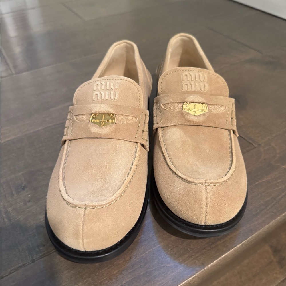 Miu Miu Beige Suede Penny Loafers